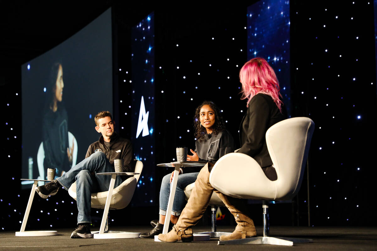 Jared Isaacman, commander for the SpaceX Inspiration4 Mission, left, and Sirisha Bandla, vice p ...