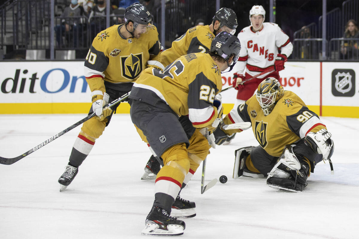 Golden Knights goaltender Robin Lehner (90) makes a save in the second period during an NHL hoc ...