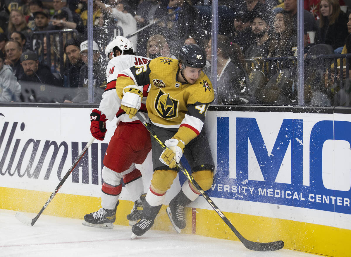 in the third period during an NHL hockey game on Wednesday, Nov. 17, 2021, at T-Mobile Arena, i ...