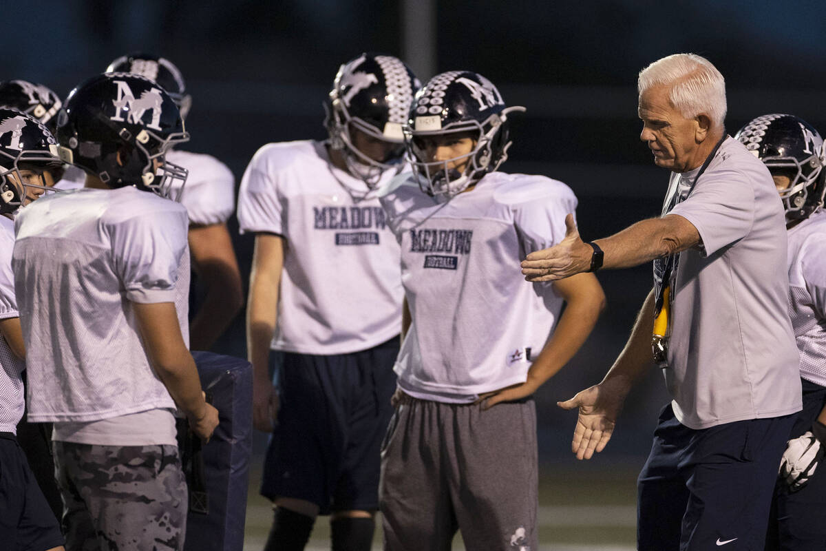 The Meadows High School football head coach Jack Concannon directs his players during practice, ...