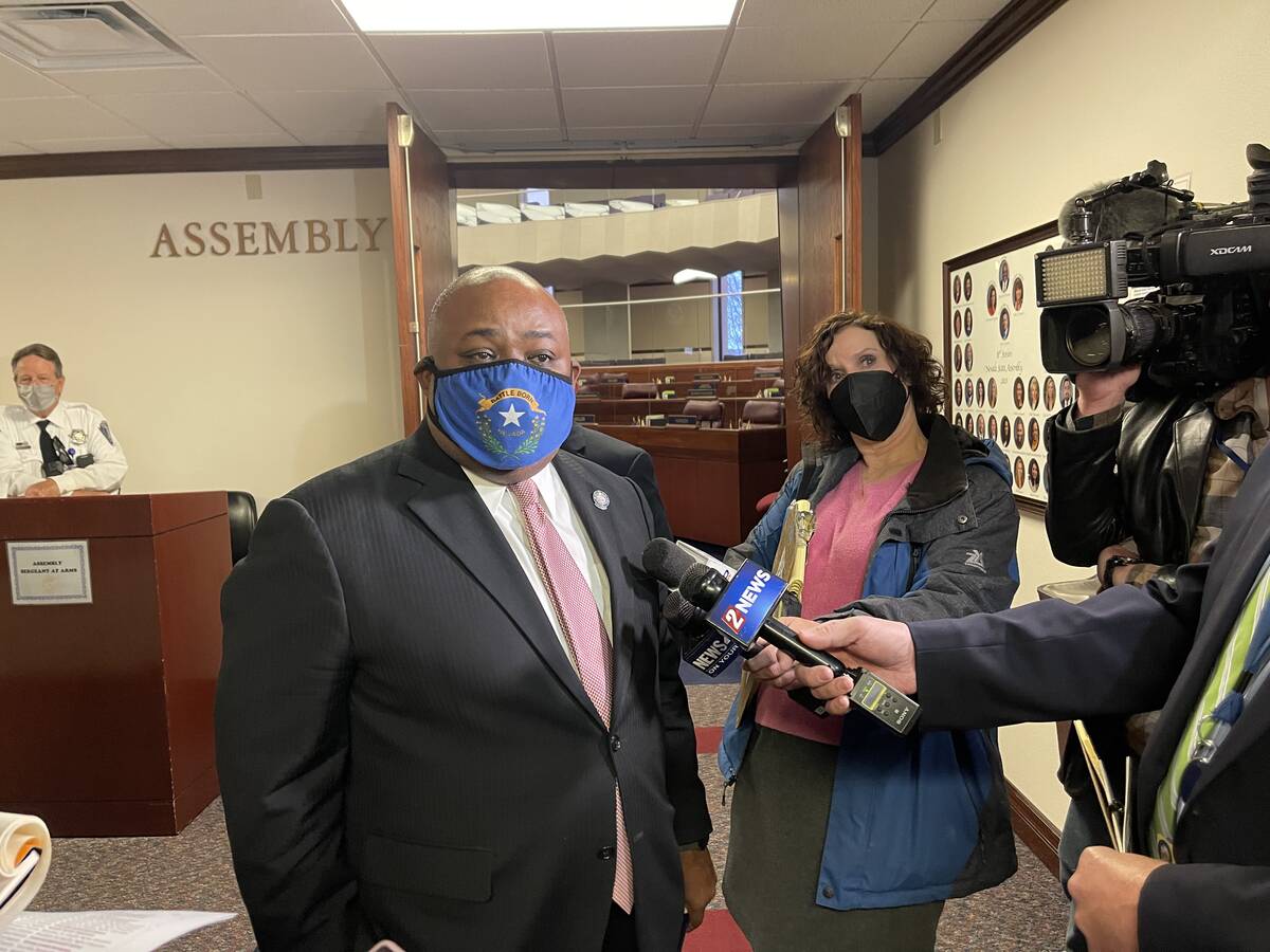 Assembly Speaker Jason Frierson, D-Las Vegas, speaks to reporters at the conclusion of the Legi ...