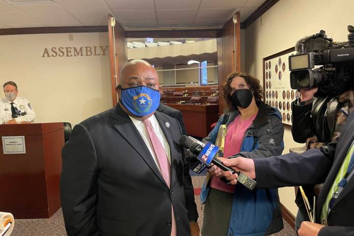 Assembly Speaker Jason Frierson, D-Las Vegas, speaks to reporters at the conclusion of the Legi ...