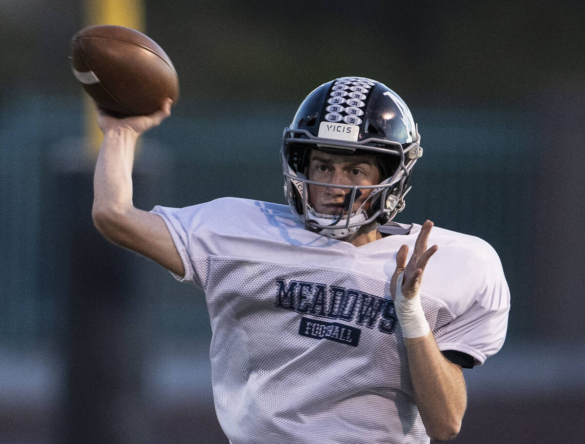 The Meadows High School quarterback Sean Gosse throws the ball during practice, on Tuesday, No ...