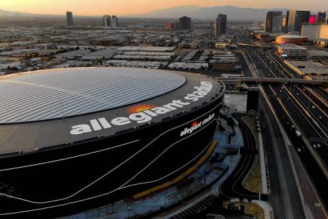 Aerial view of Allegiant Stadium and the Las Vegas Strip, seen in August 2020. (Michael Quine/L ...