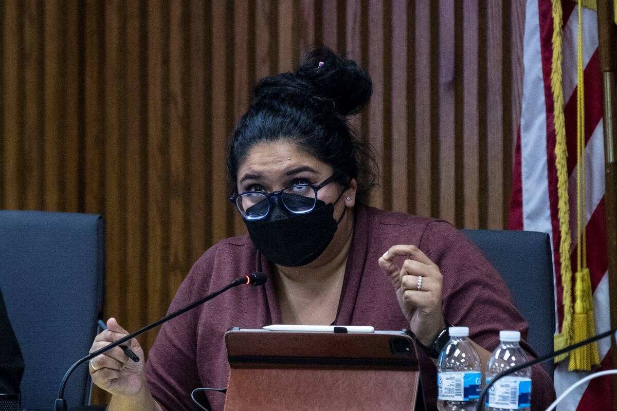 Clark County School District Board of Trustees Vice President Irene Cepeda speaks during the Cl ...