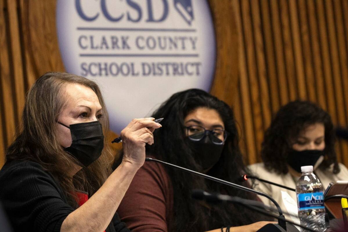 Clark County School District Board of Trustees President Linda Cavazos, left, speaks as Vice Pr ...