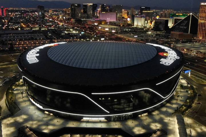 Aerial view of Allegiant Stadium and the Las Vegas Strip on Thursday, August 5, 2021. (Michael ...