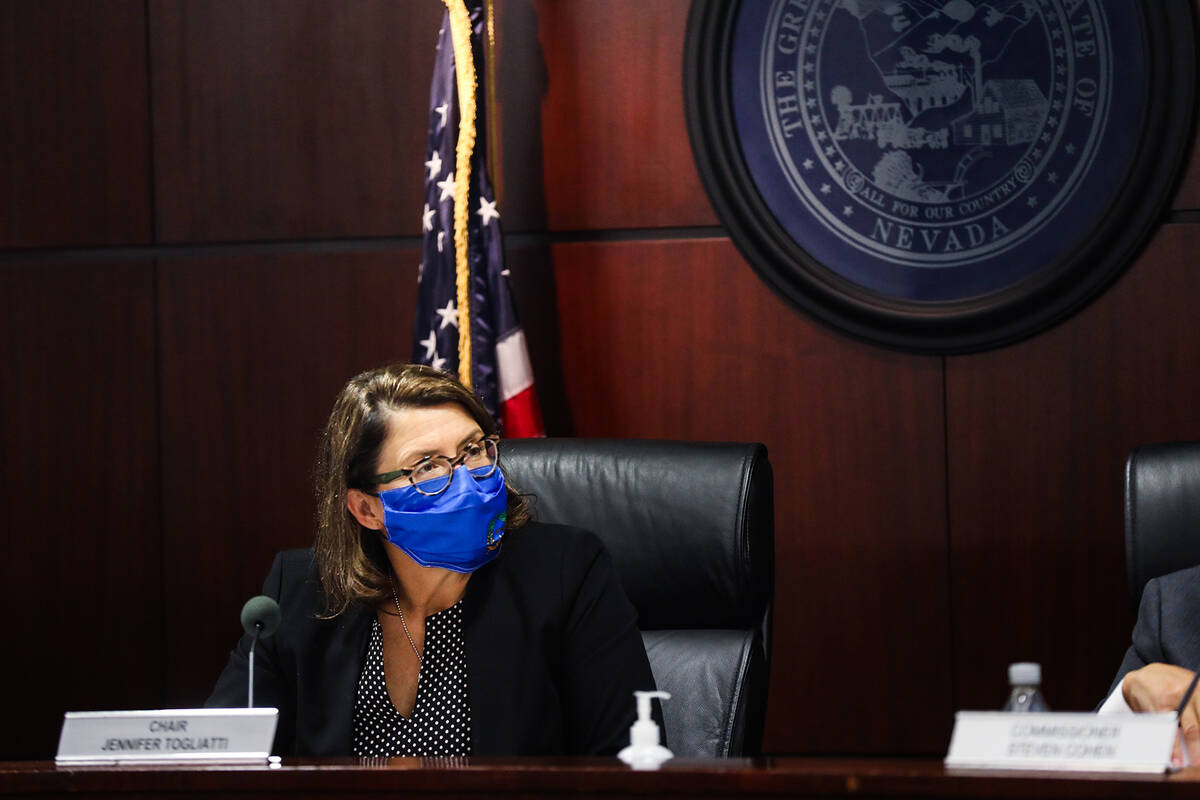 Jennifer Togliatti, the first female chair of the Nevada Gaming Commission, presides over the m ...