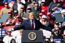 President Donald Trump speaks during Make America Great Again victory rally at Laughlin/Bullhea ...