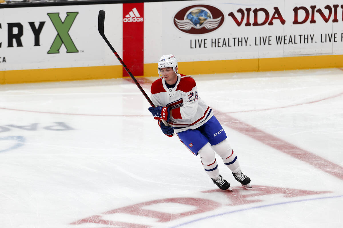 Montreal Canadiens forward Adam Brooks (24) warms up before an NHL hockey game against the Anah ...