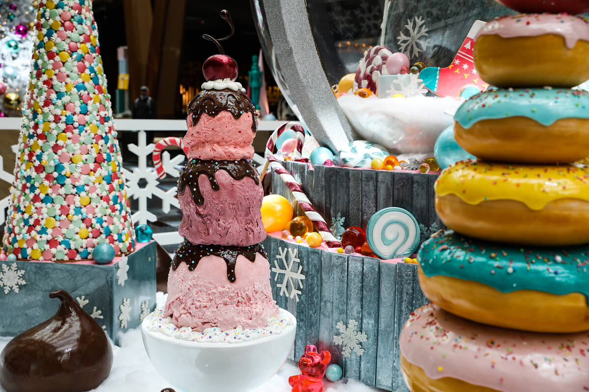 The holiday display made of mostly candy created by the Aria’s pastry team at the Aria i ...