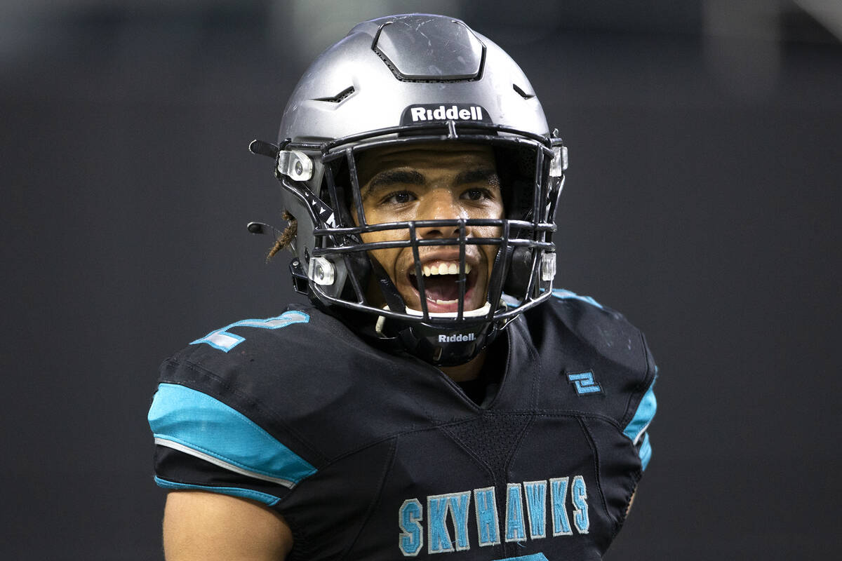 Silverado running back Donavyn Pellot (2) celebrates a play during the Class 4A football state ...