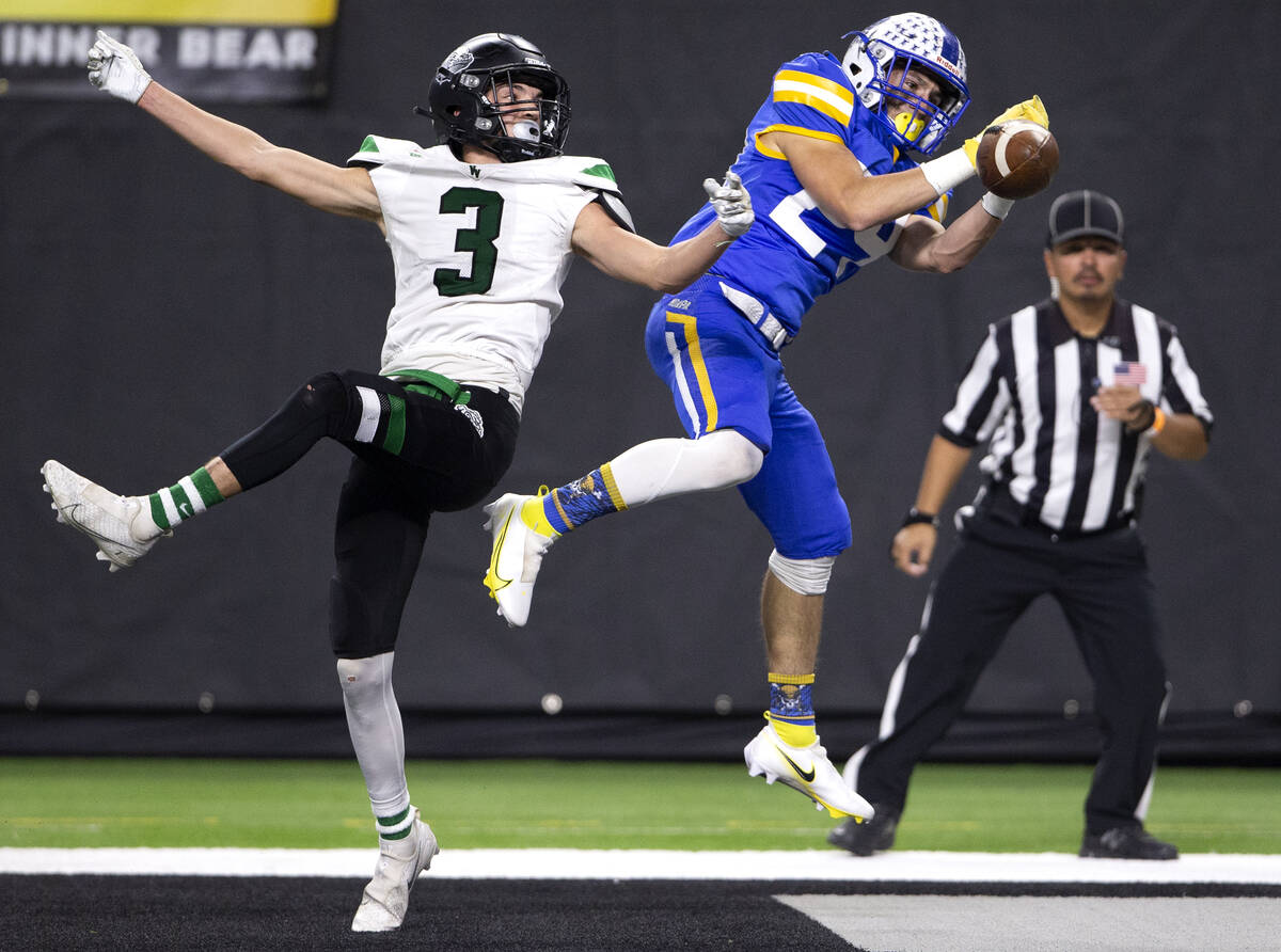 Moapa Valley wide receiver Gunner Redd (24) misses a touchdown pass as Virgin Valley cornerback ...