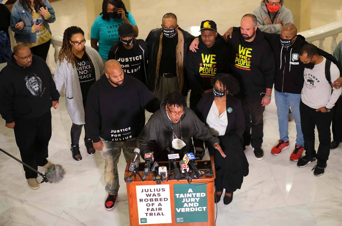 Madeline Davis-Jones and other family members and friends address the media at the Capitol abou ...