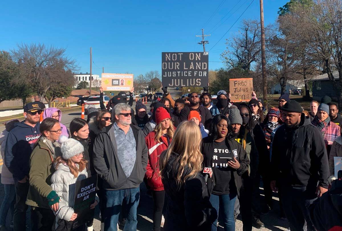 Supporters of Julius Jones rally outside Oklahoma State Penitentiary on Thursday, Nov. 18, 2021 ...
