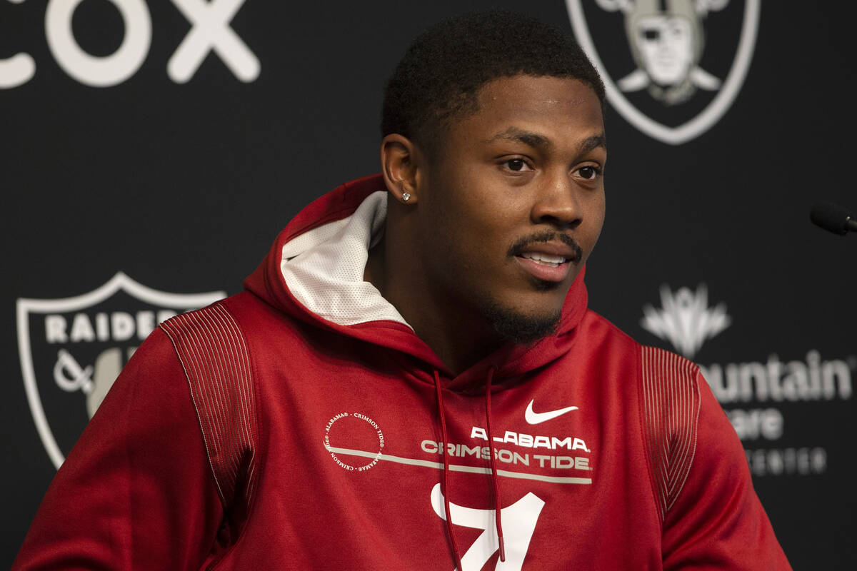 Raiders running back Josh Jacobs answers questions during a news conference at Raiders headquar ...