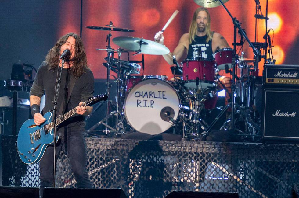 Dave Grohl, left, and Taylor Hawkins, right, of Foo Fighters, performs on Friday, Oct. 22, 2021 ...