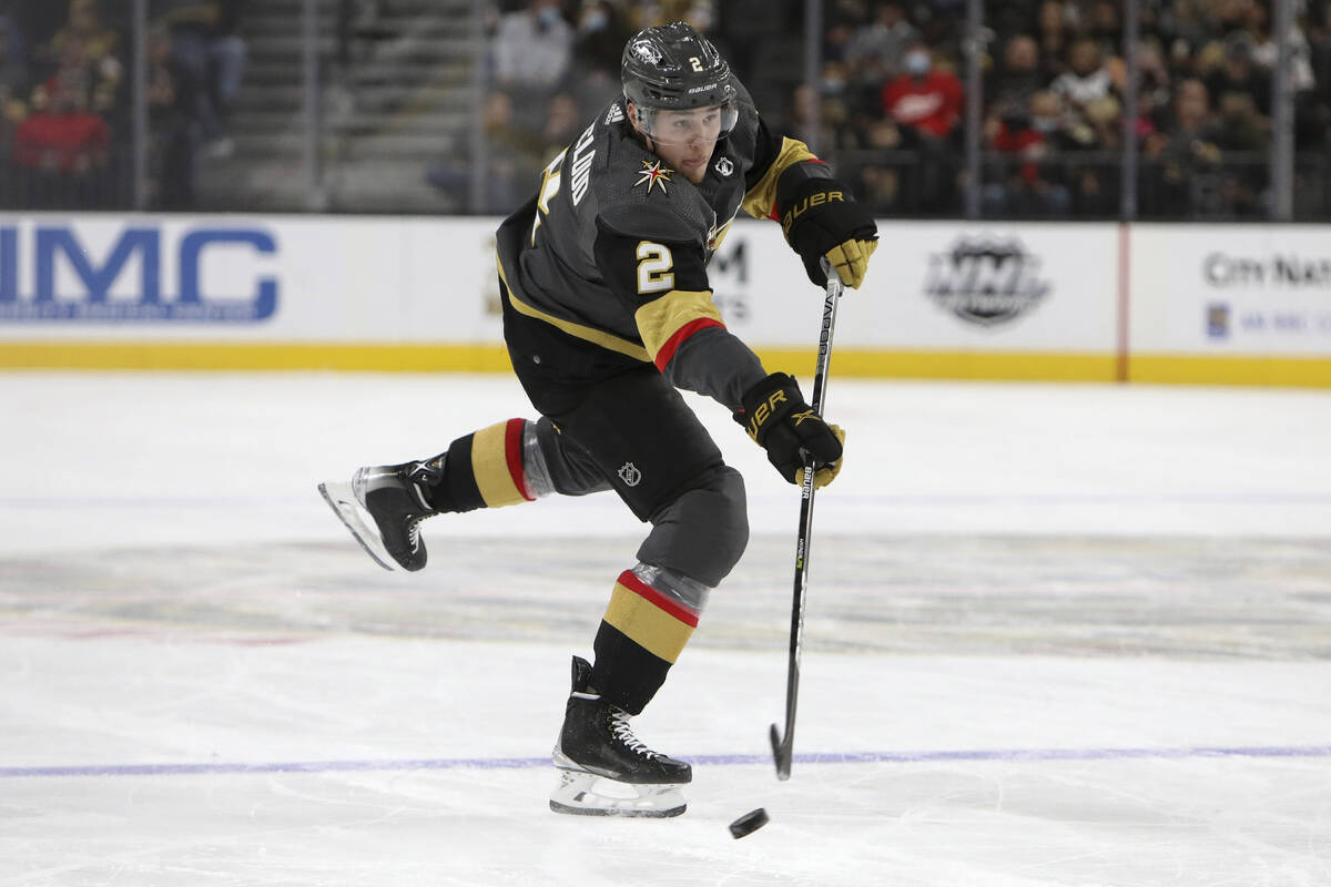 Vegas Golden Knights defenseman Zach Whitecloud (2) shoots and scores against the Detroit Red W ...