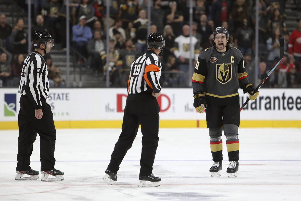 Vegas Golden Knights right wing Mark Stone (61) argues with officials during the first period o ...