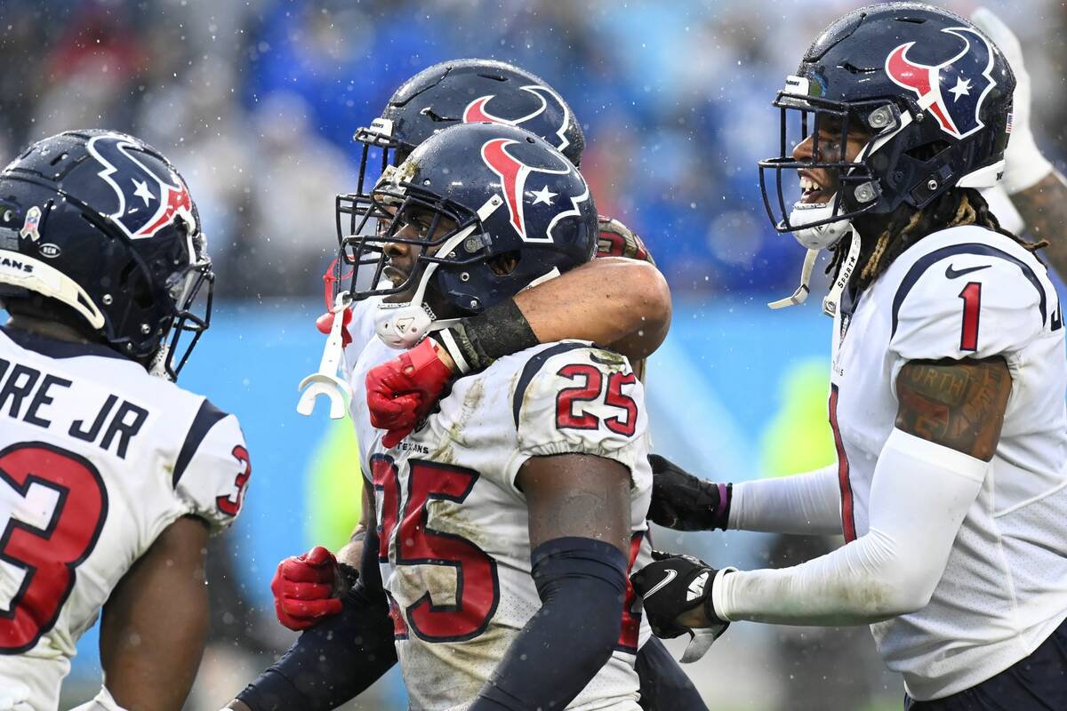 Houston Texans cornerback Desmond King (25) celebrates after intercepting a pass against the Te ...