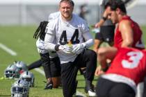 Raiders inside linebacker Nick Kwiatkoski (44) stretches during a practice session at the Raide ...