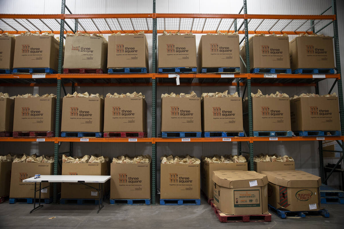 Packaged food is seen inside of the Three Square North Campus in Las Vegas, Thursday, Nov. 18, ...