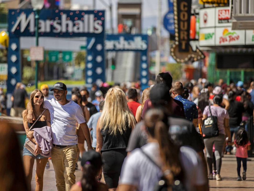 The Strip is packed during Memorial Day weekend on Saturday, May 29, 2021, in Las Vegas. (Benja ...