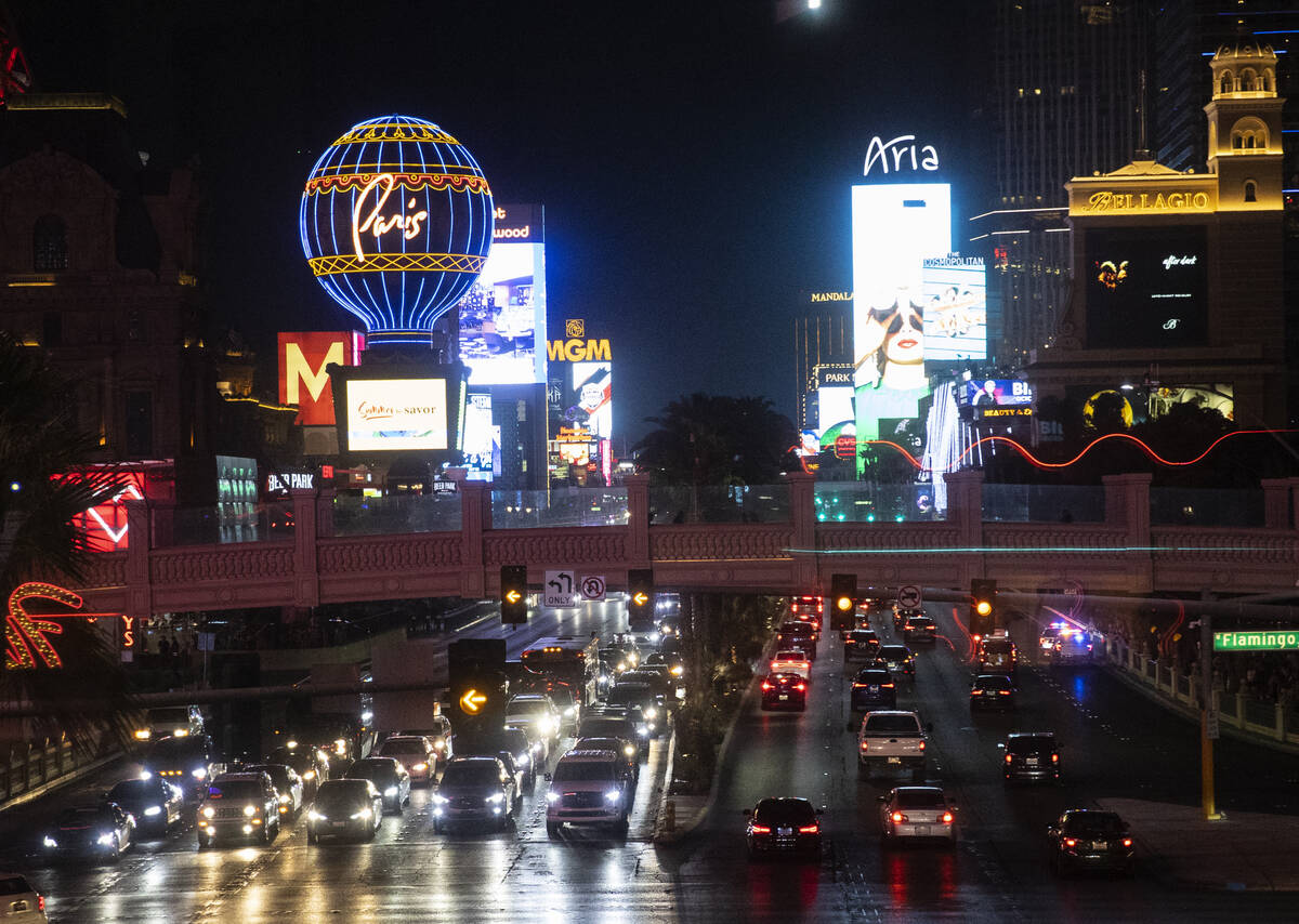 Traffic is backed up on Las Vegas Boulevard near Bally's and the Bellagio, on Saturday, July 10 ...