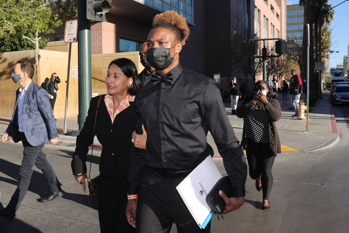Former Raiders wide receiver Henry Ruggs leaves the Regional Justice Center on Monday, Nov. 22, ...