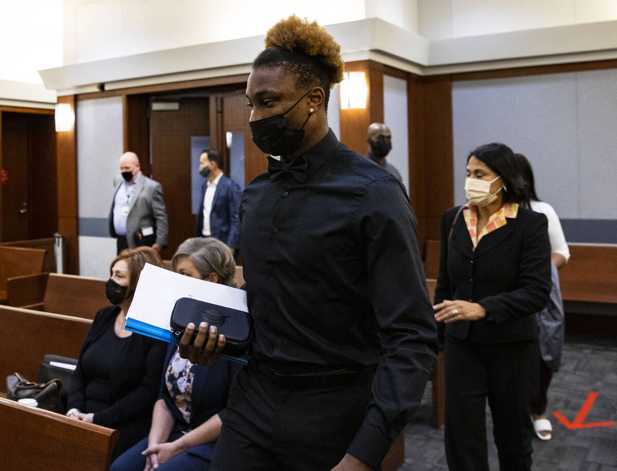 Henry Ruggs, former Raiders wide receiver, arrives at the courtroom for his hearing at the Regi ...