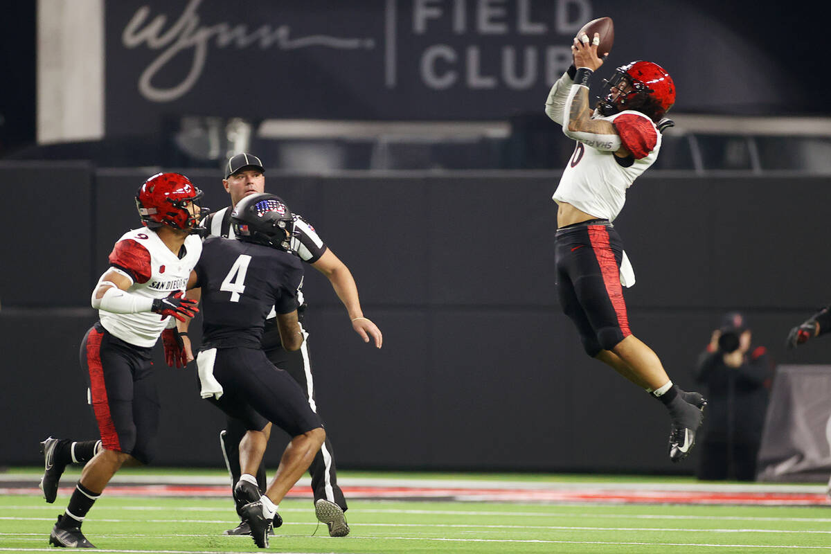 San Diego State Aztecs linebacker Andrew Aleki (6) intercepts the ball intended for UNLV Rebels ...