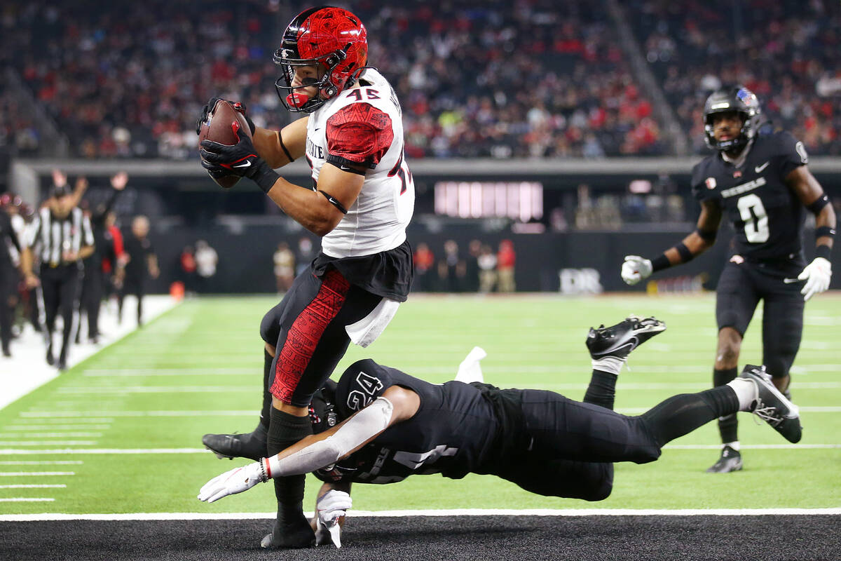 San Diego State Aztecs wide receiver Jesse Matthews makes a touchdown catch under pressure from ...