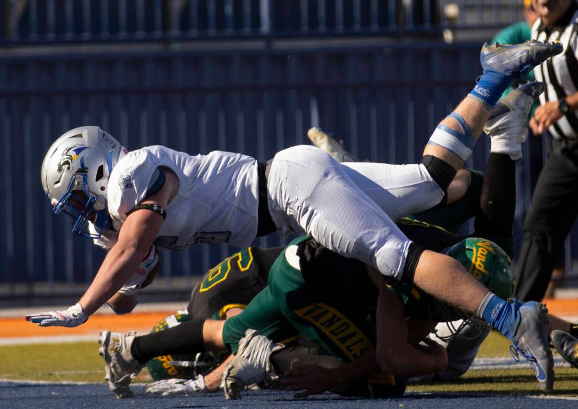 Pahranagat Valley’s Jaren Leavitt (5) dives into the end zone for a first half touchdown ...