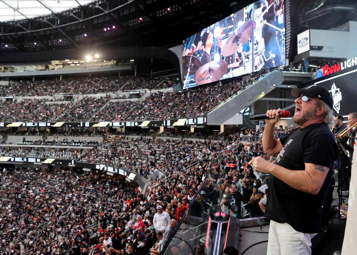 Sammy Hagar performs with David Perrico and the Raiders House Band during halftime as the Raide ...