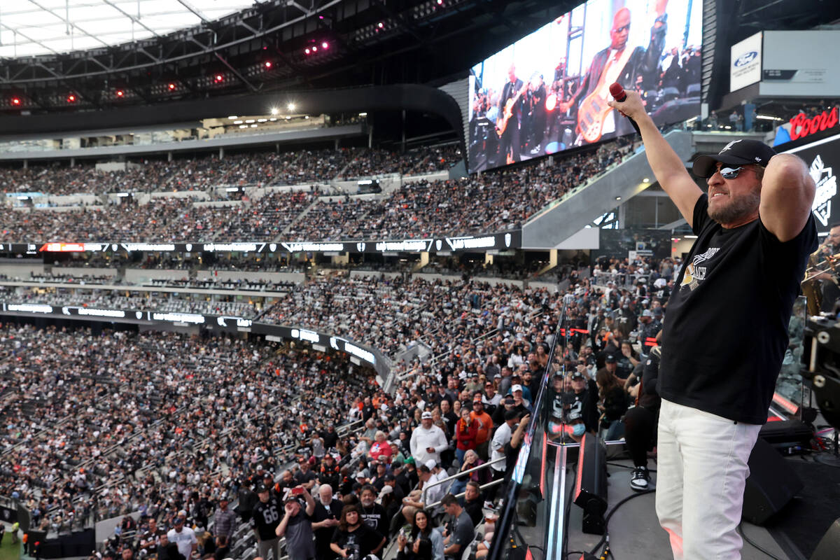 Sammy Hagar performs with David Perrico and the Raiders House Band during halftime as the Raide ...