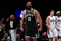 Brooklyn Nets guard James Harden reacts during the second half of the team's NBA basketball gam ...