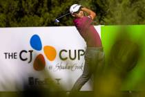 Collin Morikawa tees off at the fifth hole during the third round of the CJ Cup at the Shadow C ...