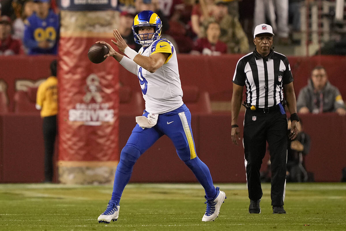 Los Angeles Rams quarterback Matthew Stafford (9) against the San Francisco 49ers during an NFL ...