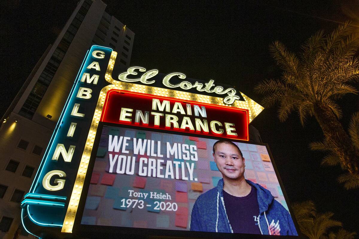 A sign at El Cortez features a tribute to former Zappos CEO and Downtown Project founder Tony H ...