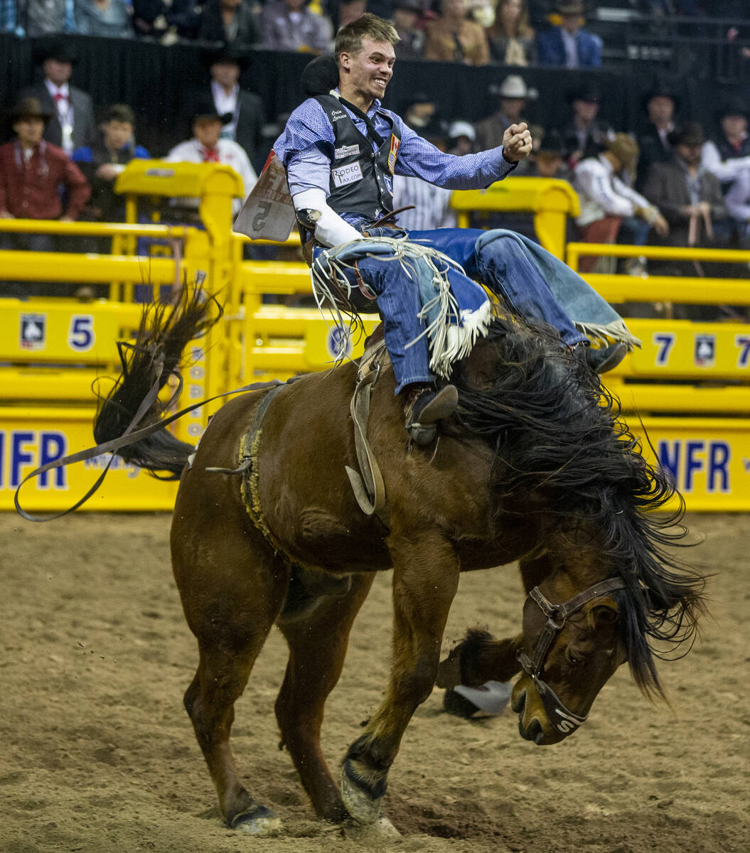 Orin Larsen of Inglis, Manitoba, catches some air in Bareback Riding during the tenth go round ...
