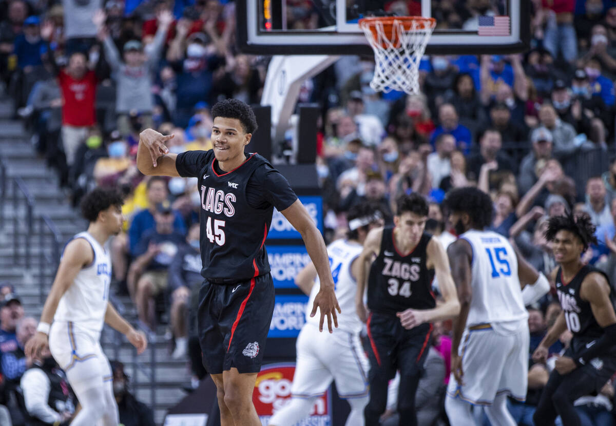 Gonzaga guard Rasir Bolton (45) celebrates a 3-point basket against UCLA during the first half ...