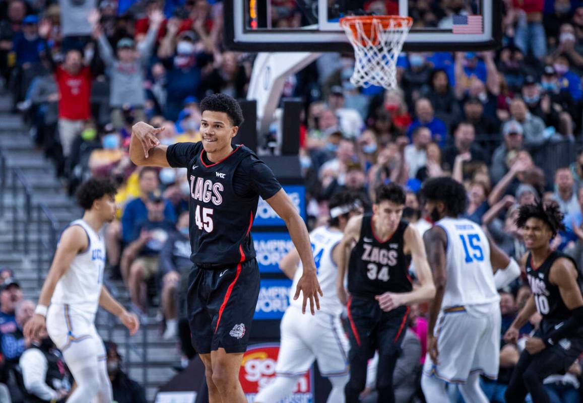 Gonzaga guard Rasir Bolton (45) celebrates a 3-point basket against UCLA during the first half ...