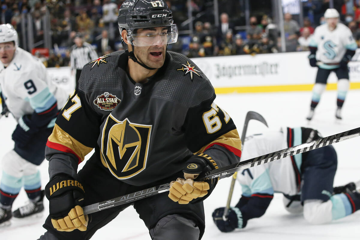 Vegas Golden Knights left wing Max Pacioretty (67) skates against the Seattle Kraken during the ...