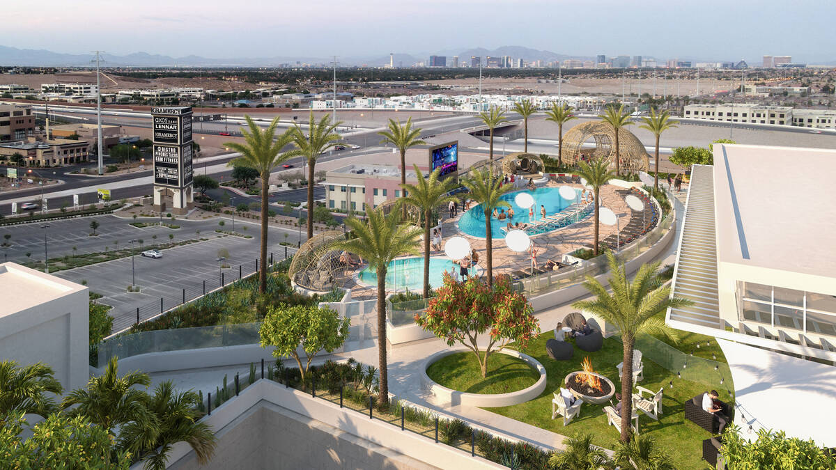 An artist's rendering of the pool area at a planned new apartment complex at The Gramercy, a mi ...