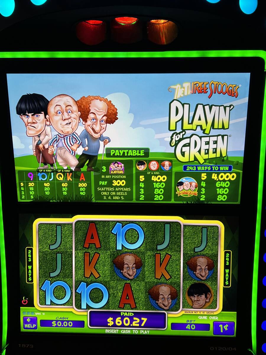 The Three Stooges-themed "Playin' the Green" slot machine is shown at Westgate Las Vegas on Fri ...