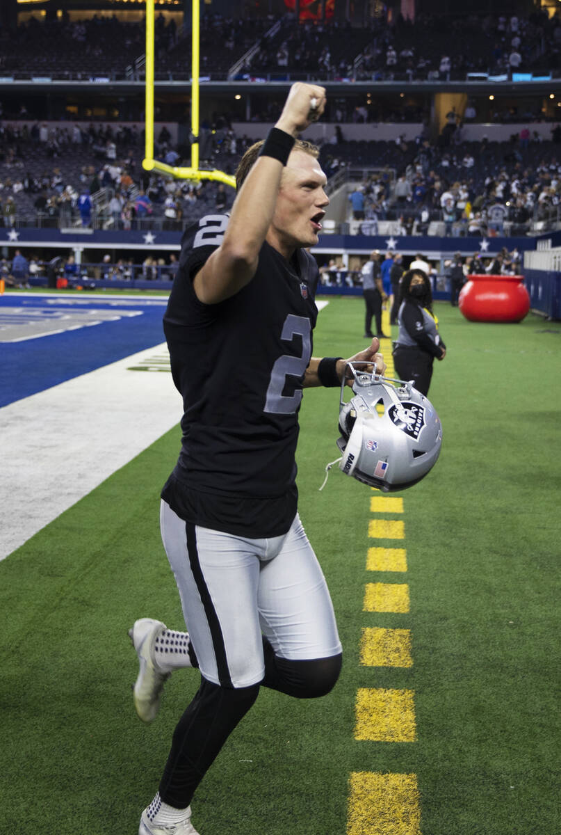 Raiders kicker Daniel Carlson (2) celebrates after making the winning field goal in overtime du ...