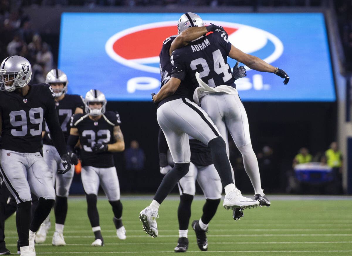 Raiders safety Johnathan Abram (24) celebrates after making a big defensive stop in the second ...