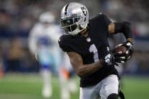 Raiders wide receiver DeSean Jackson (1) streaks down the sideline for a first half touchdown r ...