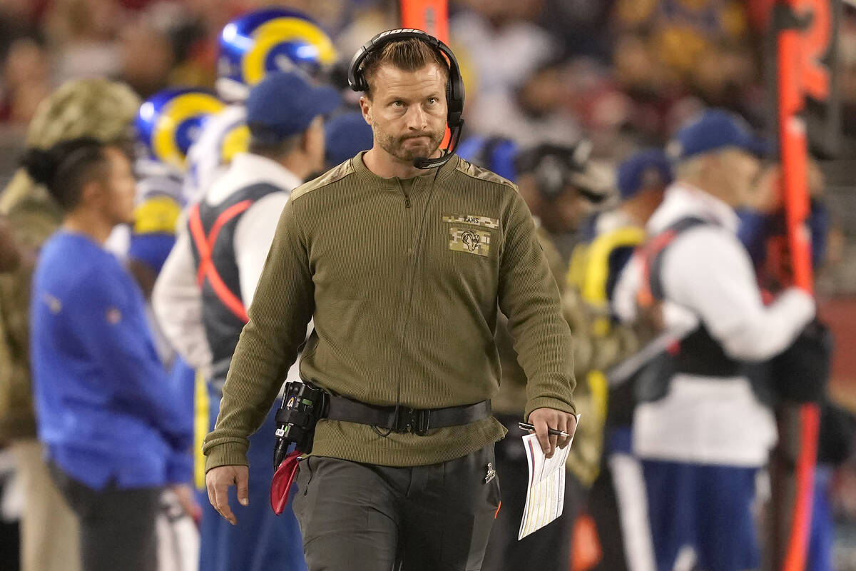 Los Angeles Rams head coach Sean McVay walks on the sideline during the first half of his team' ...