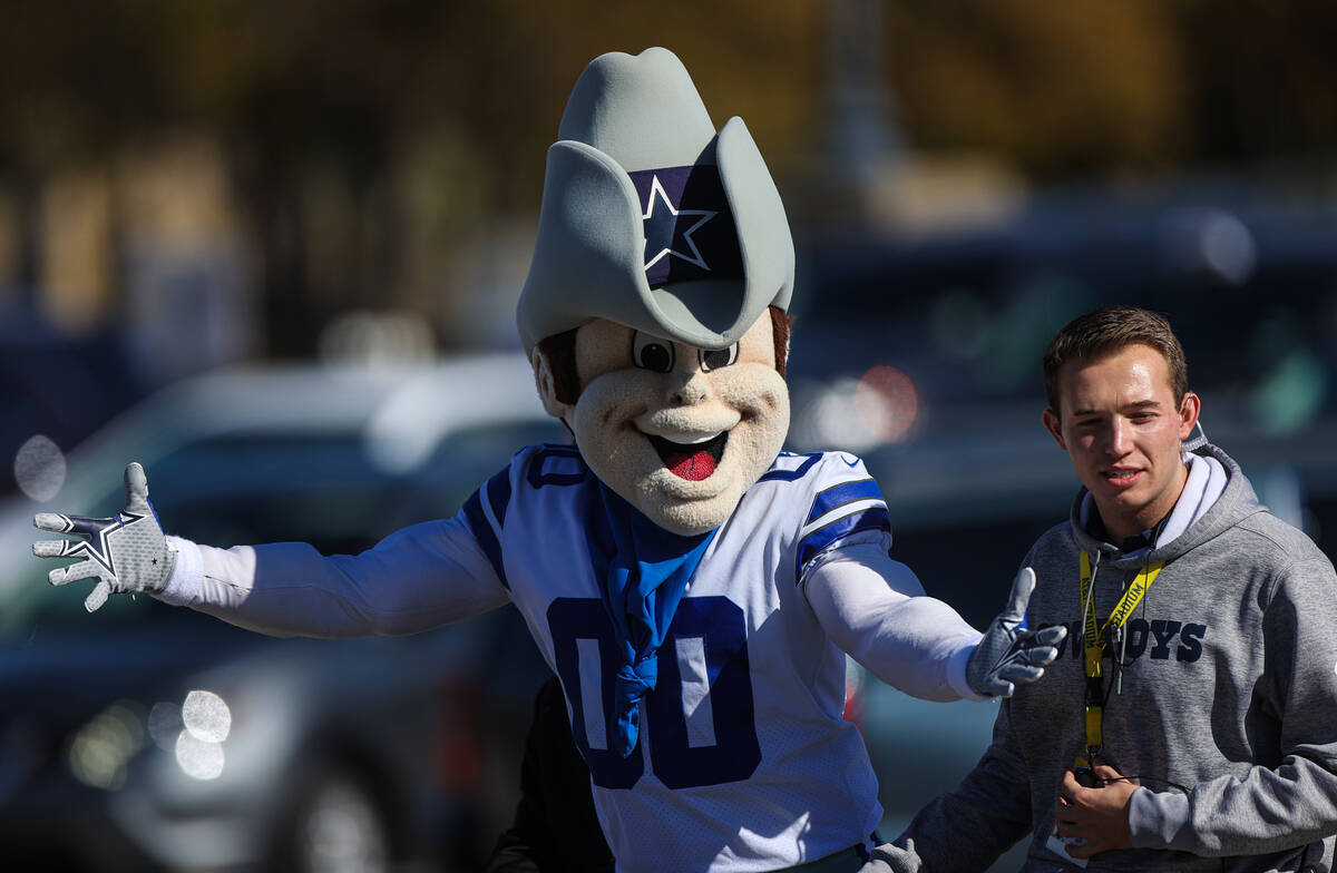 The Dallas Cowboys mascot before the start of an NFL football game against the Raiders on Thurs ...